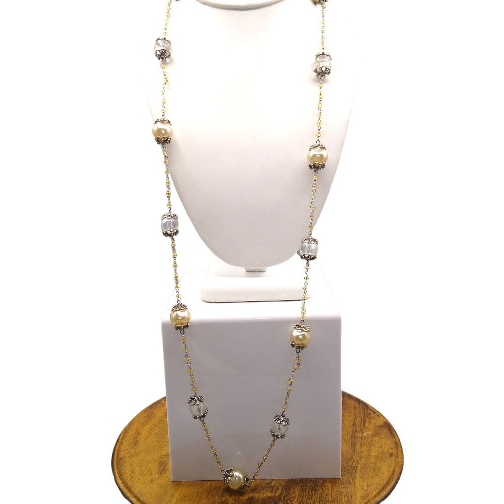 Vintage TRESKA Faux Pearl and Clear Beads Station Necklace, Silver Tone Chain